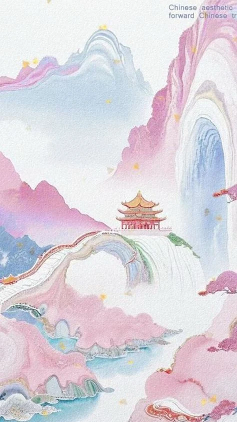 粉蓝山峦、亭台与桥构成的东方风景